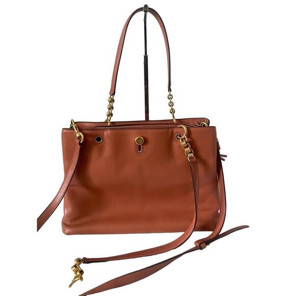 Tory Burch Lily Triple Compartment Large Leather Tote Handbag TRAMONTO Gold ⬇️ - Picture 1 of 12